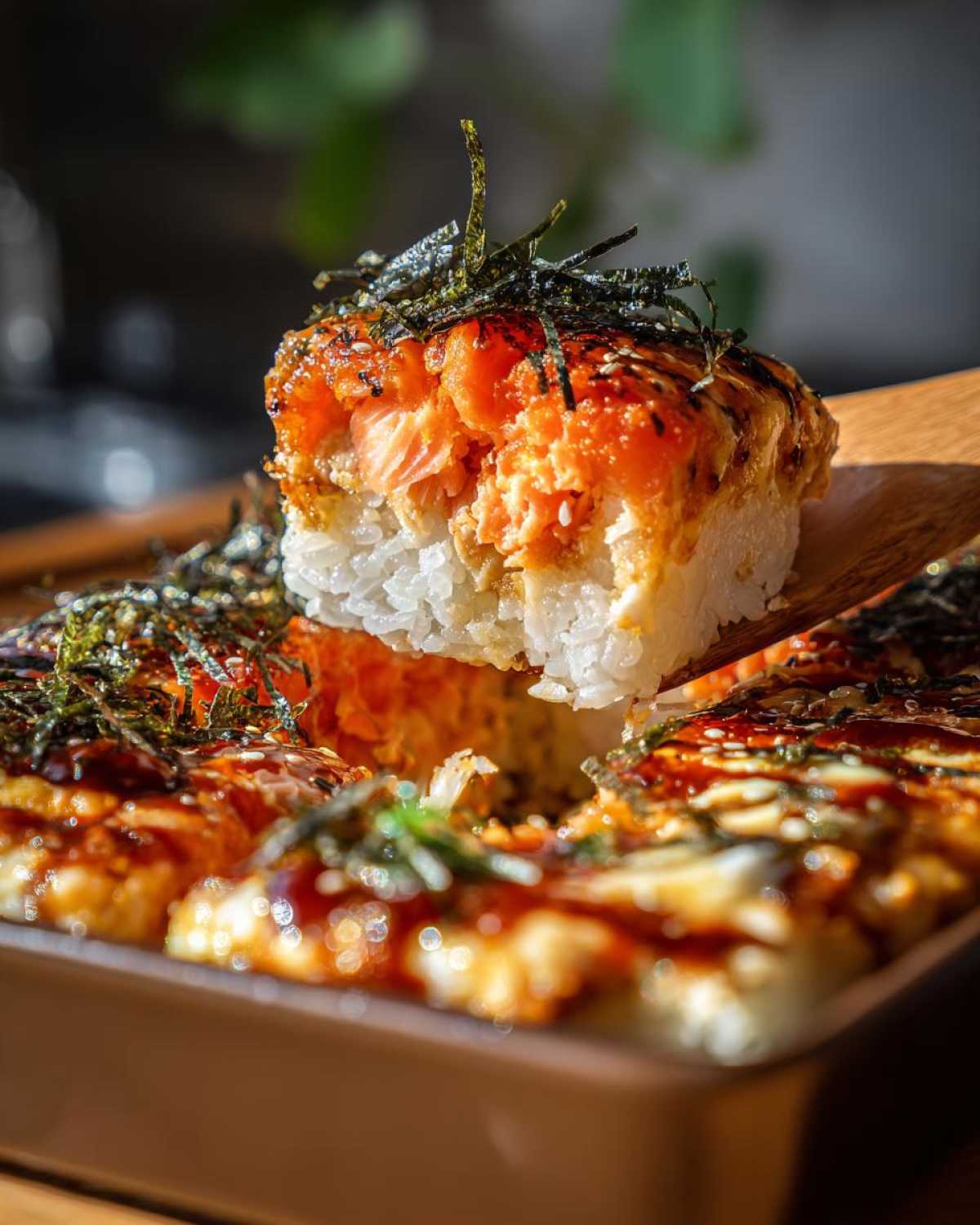 A wooden spatula lifts a square portion of creamy salmon sushi bake topped with nori strips.