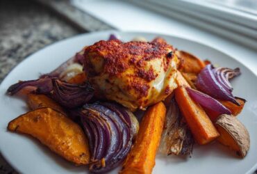 A piece of harissa chicken served on a white plate with roasted sweet potatoes and red onions.