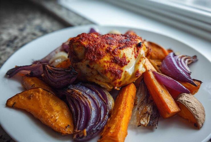 A piece of harissa chicken served on a white plate with roasted sweet potatoes and red onions.