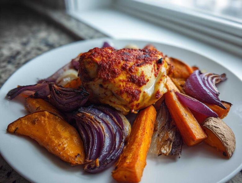 A piece of harissa chicken served on a white plate with roasted sweet potatoes and red onions.
