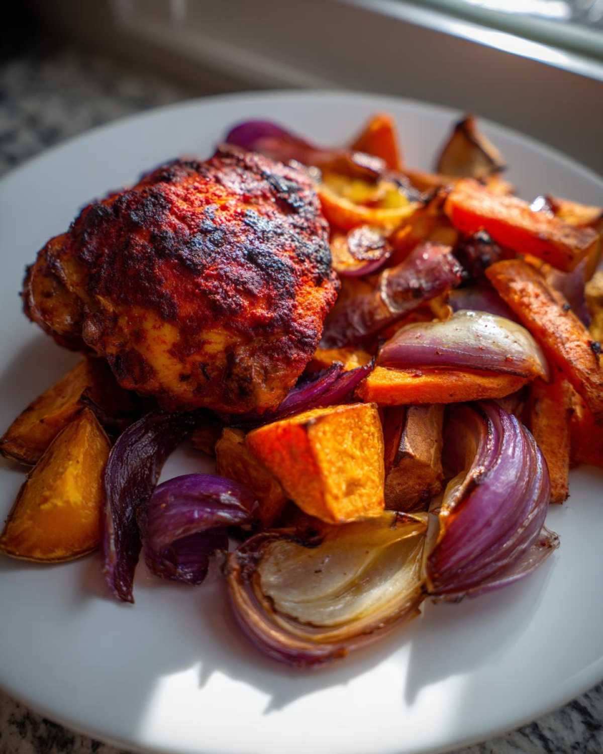 Close-up of a perfectly cooked piece of harissa chicken served with roasted sweet potatoes and red onions.