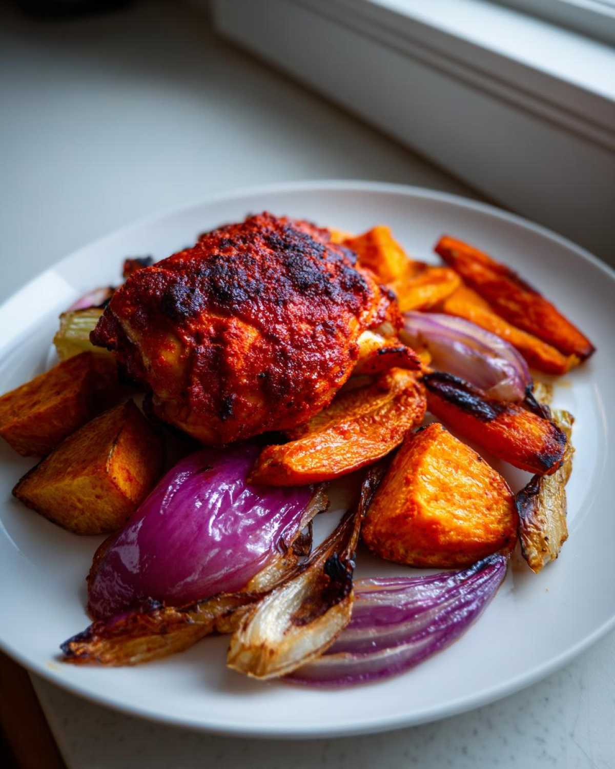 A plate featuring a piece of richly spiced harissa chicken surrounded by roasted sweet potatoes and caramelized red onions.