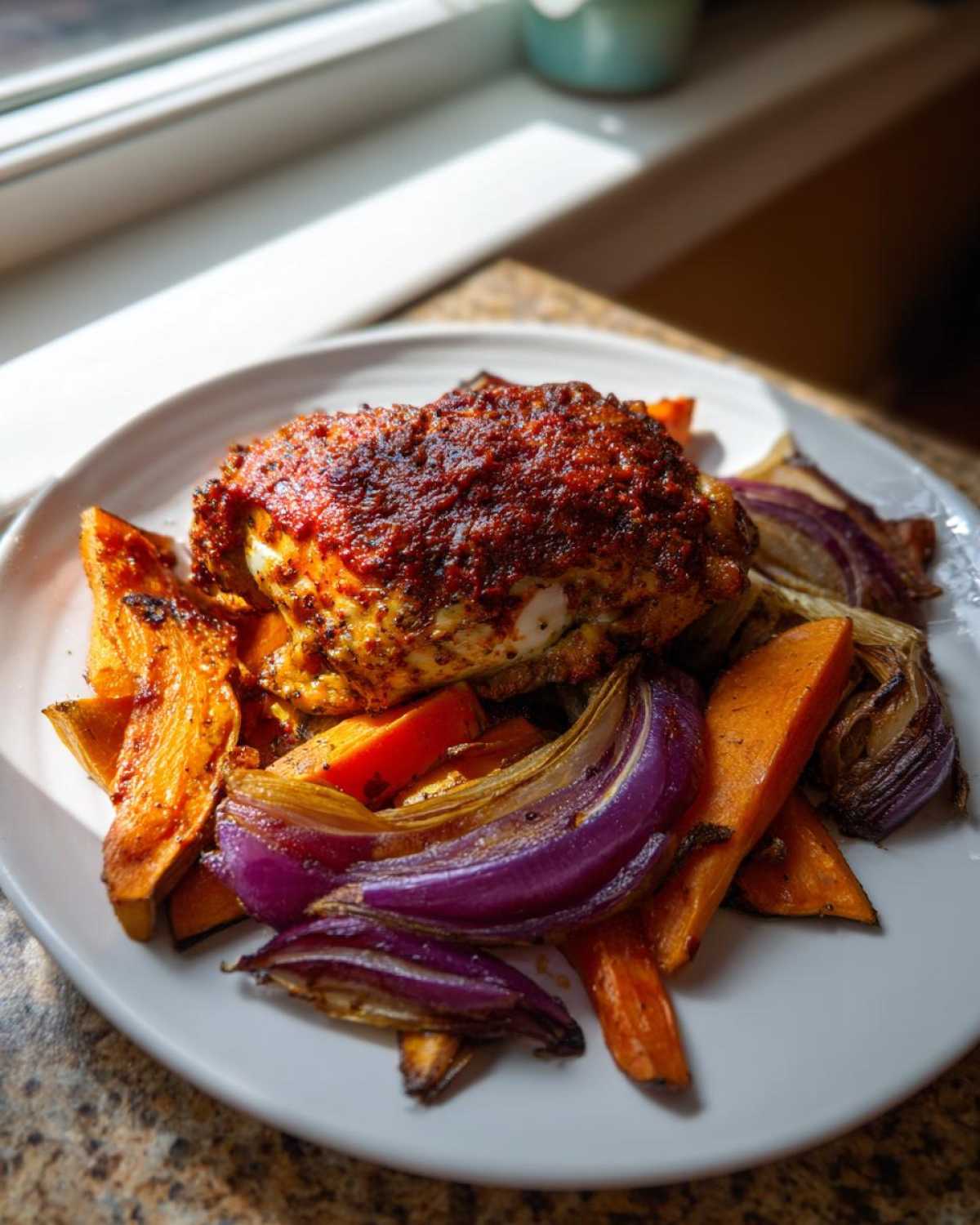 A piece of richly spiced harissa chicken served with roasted sweet potatoes and bright purple red onion wedges on a white plate.