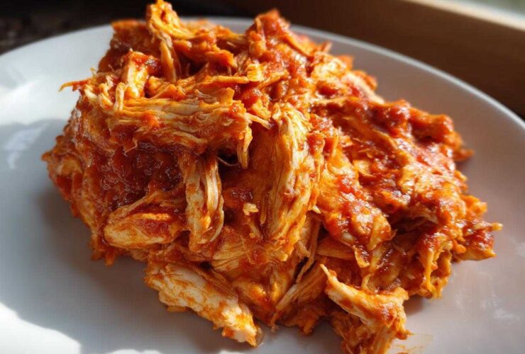 A close-up photo of shredded chicken tinga coated generously in a vibrant, rich red, smoky sauce, served on a white plate.