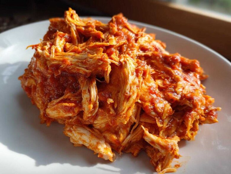 A close-up photo of shredded chicken tinga coated generously in a vibrant, rich red, smoky sauce, served on a white plate.