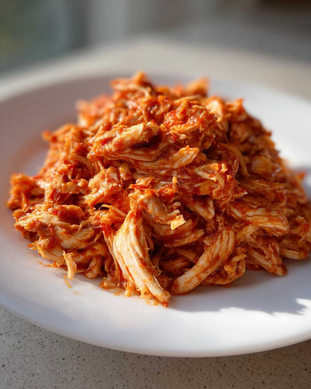 Close-up of shredded chicken tinga coated in a rich, red, savory sauce piled on a white plate.