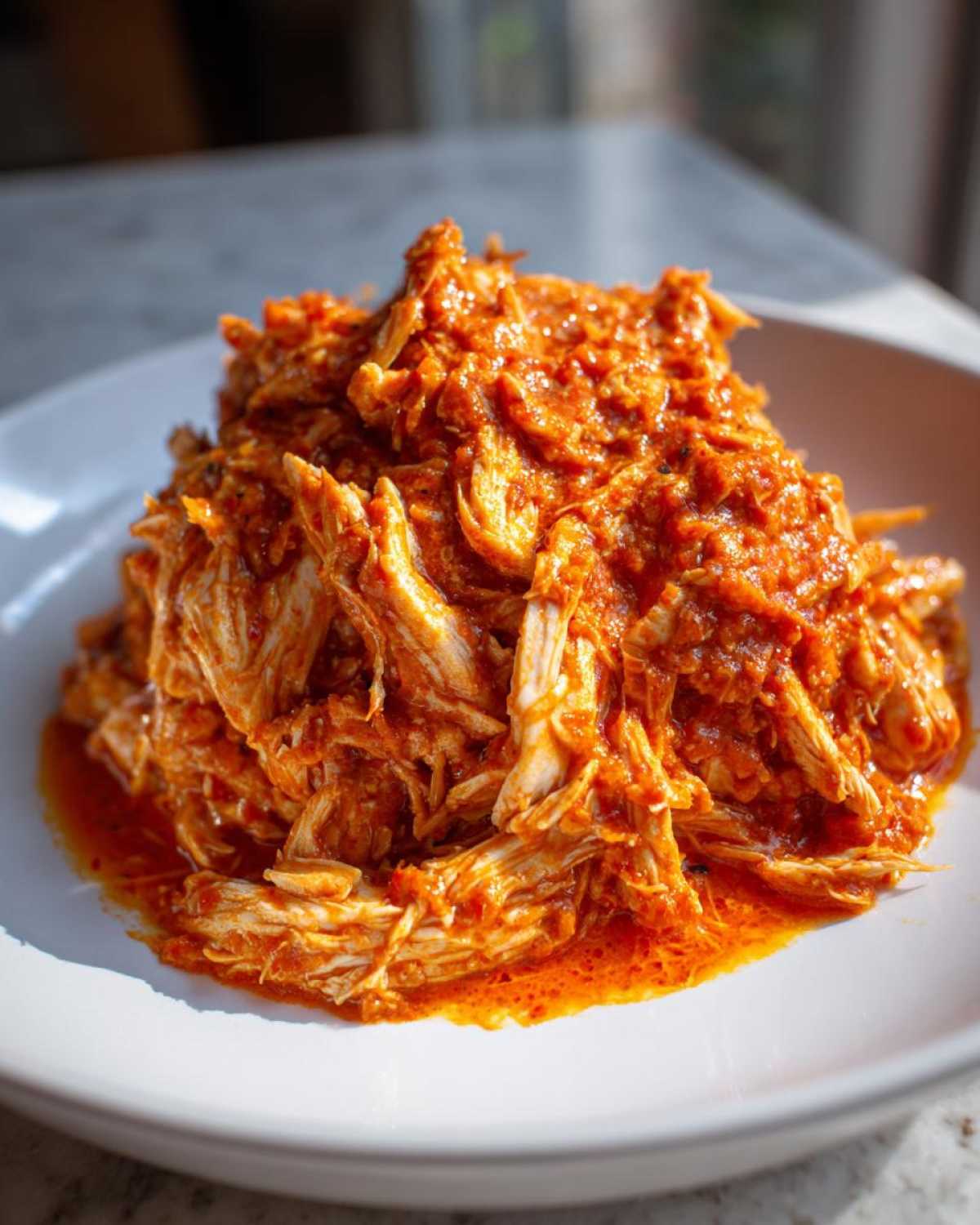 A mound of vibrant, shredded chicken tinga coated in a rich, red, slightly oily sauce, served on a white plate.