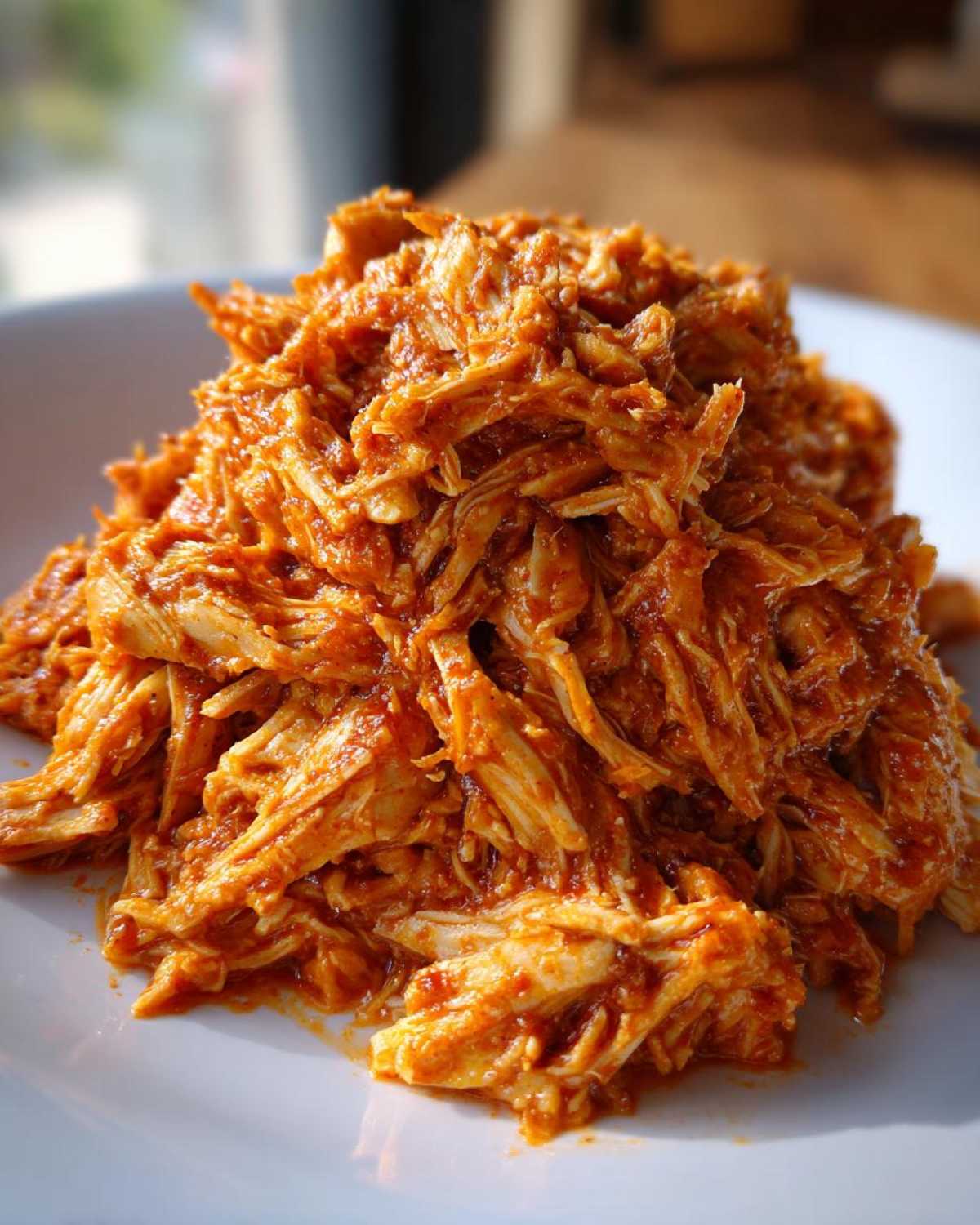 Close-up of a mound of flavorful shredded chicken tinga coated in a vibrant, reddish-orange sauce, served on a white plate.