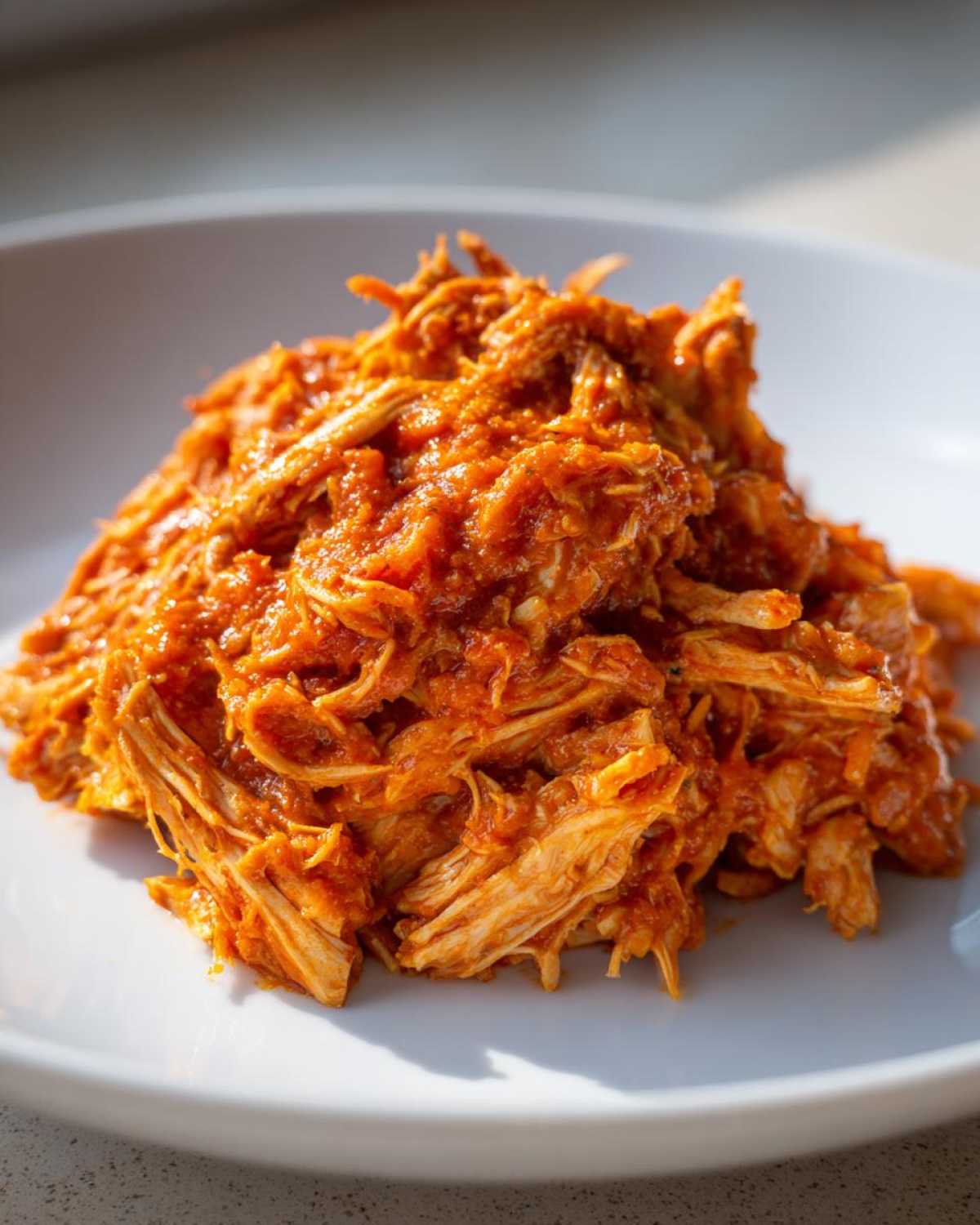 Close-up of shredded chicken tinga piled high on a white plate, coated in a vibrant, rich red sauce.