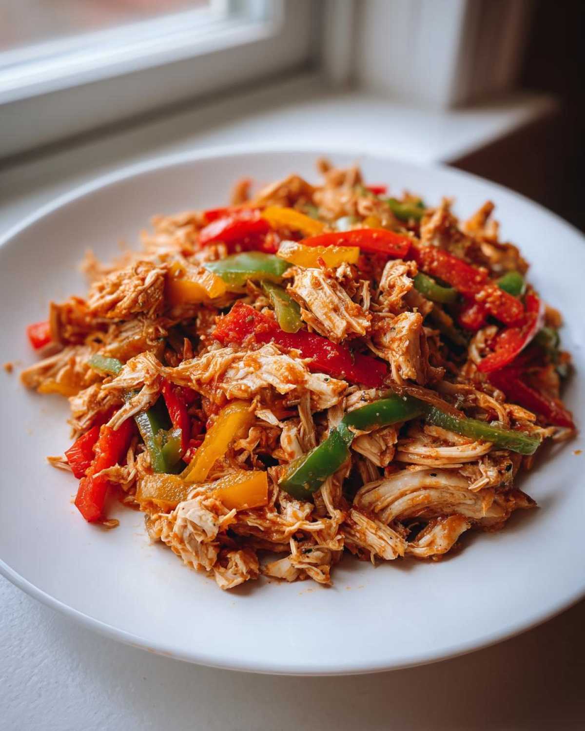 A white plate filled with shredded crockpot chicken fajitas mixed with colorful strips of red, green, and yellow bell peppers.