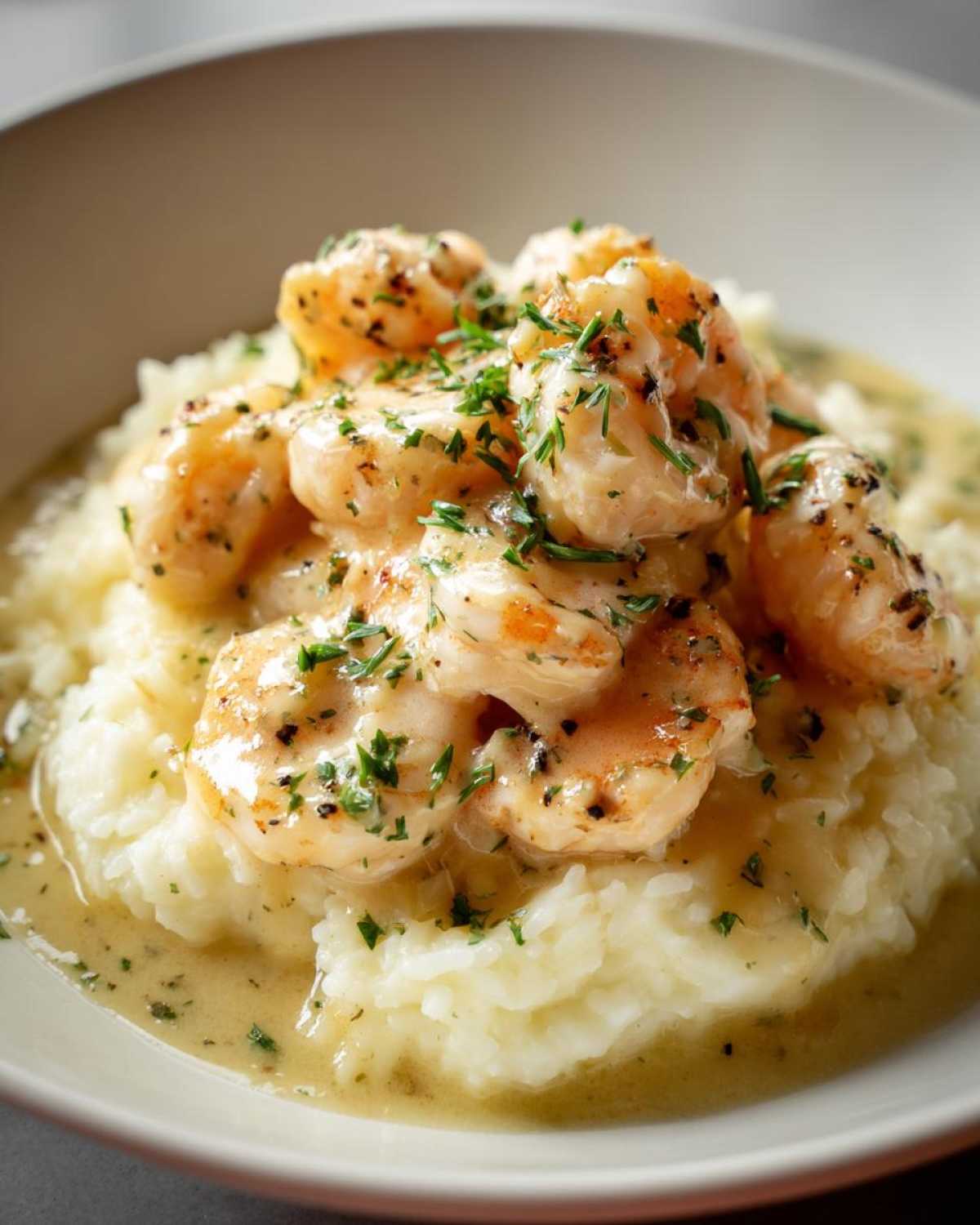 Close-up of shrimp scampi served over creamy garlic parmesan rice, garnished with fresh parsley.