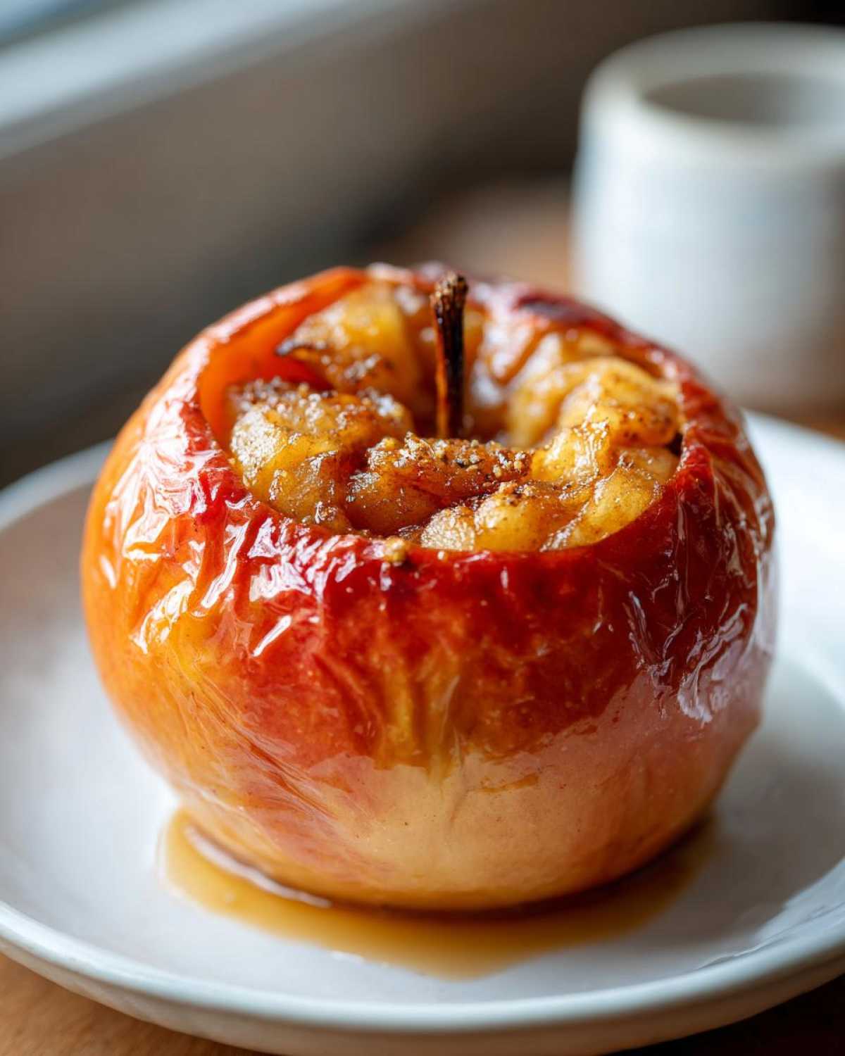 A single, glossy, caramelized baked apple filled with spiced brown sugar mixture, resting on a white plate.