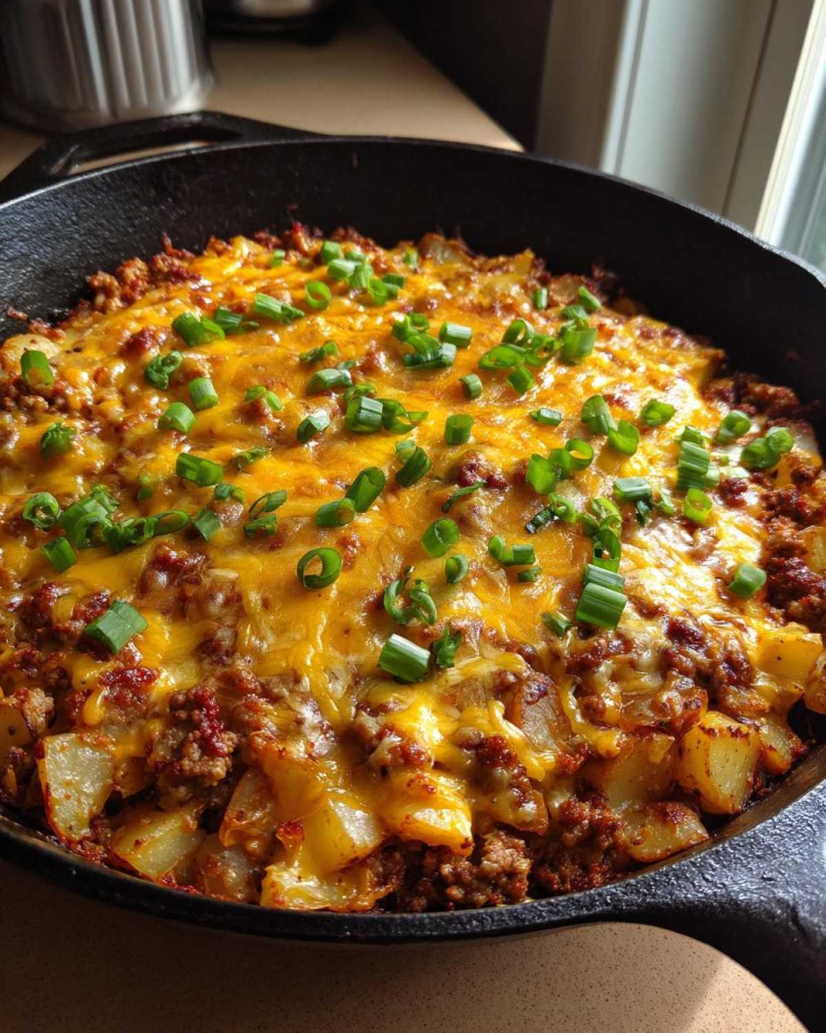 Close-up of Cheesy Taco Potatoes baked in a cast iron skillet, topped with melted cheddar and fresh green onions.