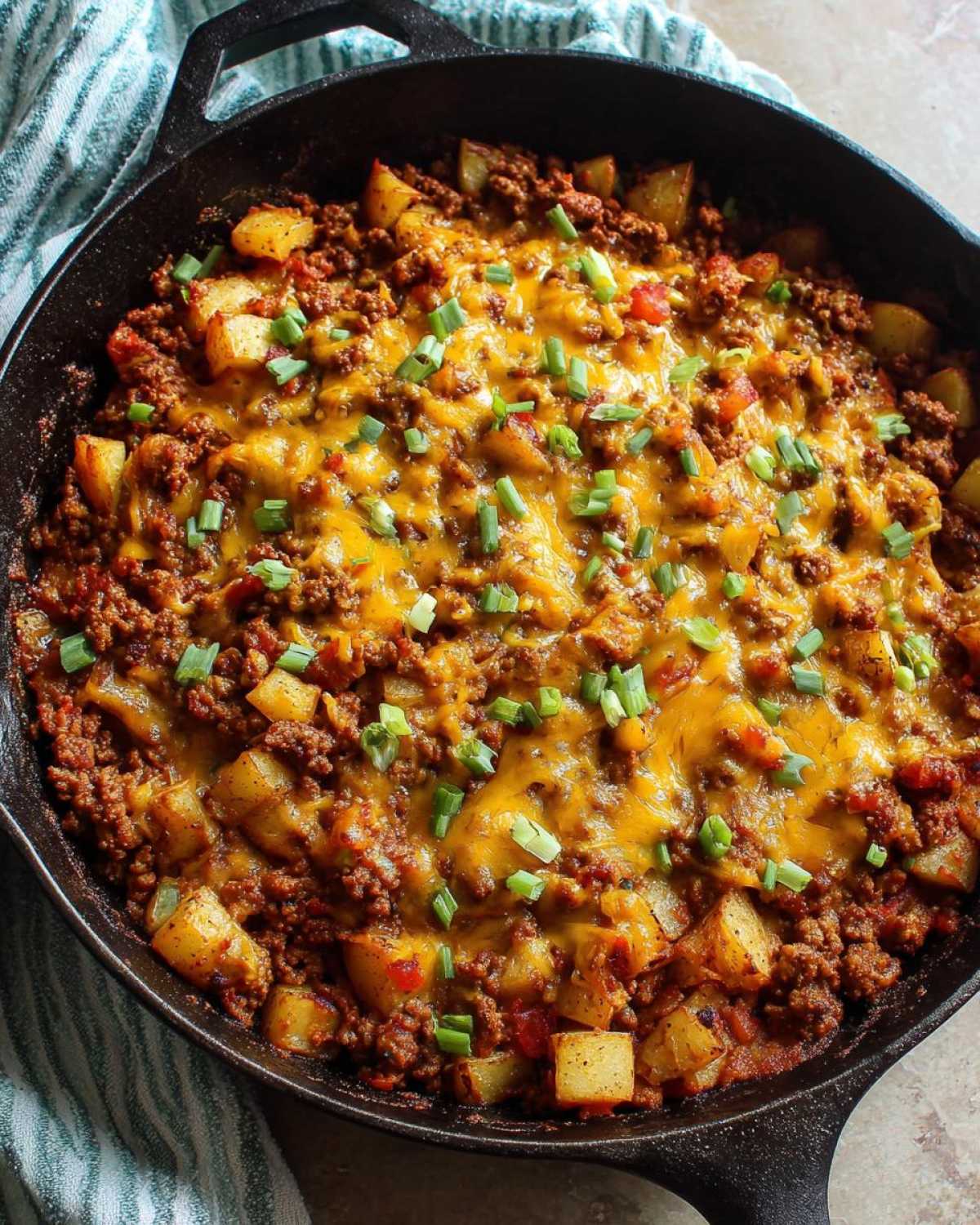Close-up of Cheesy Taco Potatoes cooked in a cast iron skillet, topped with melted cheddar and green onions.