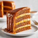 Close-up of a decadent slice of three-layer caramel cake dripping with rich caramel glaze.