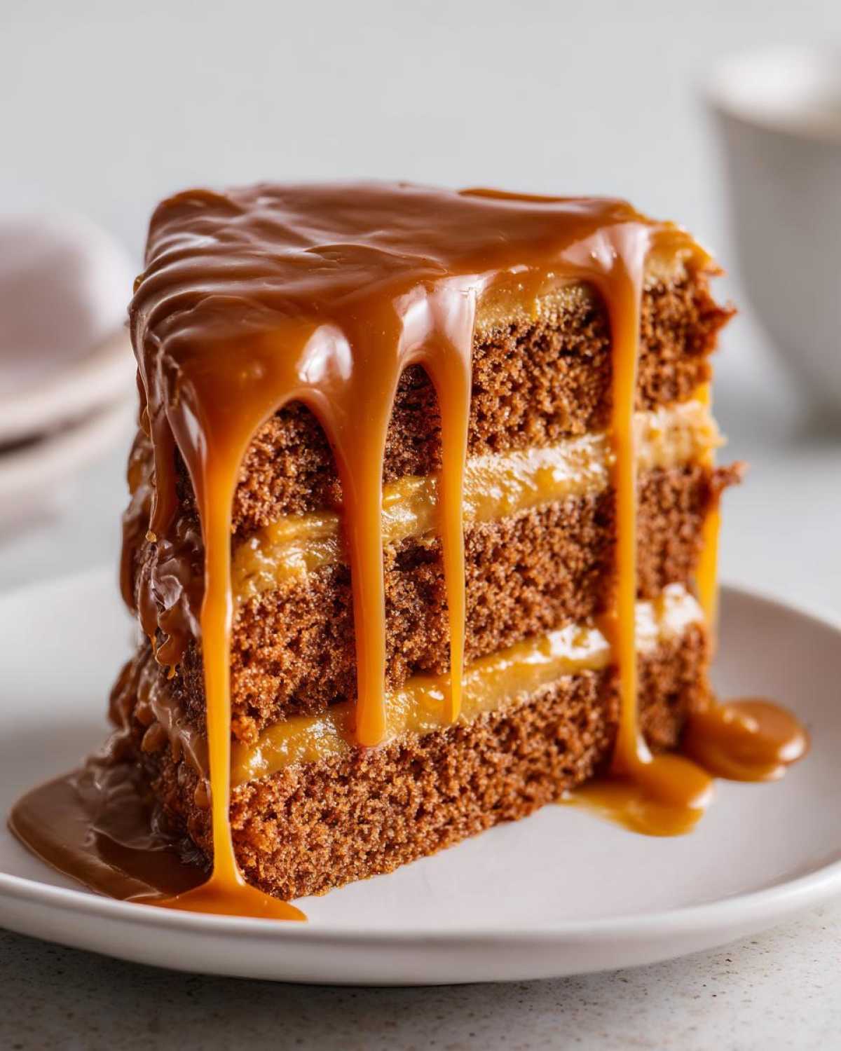 Close-up of a moist slice of 3 layer caramel cake dripping with rich caramel sauce.