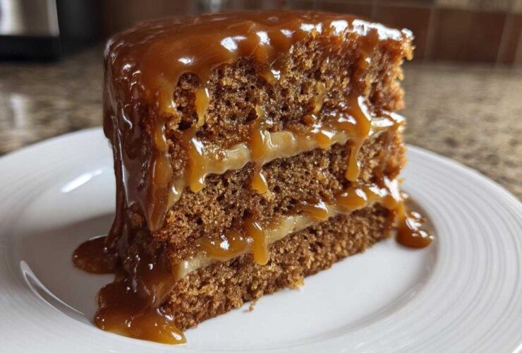 Close-up of a moist slice of 3 layer caramel cake dripping with thick, glossy caramel sauce.