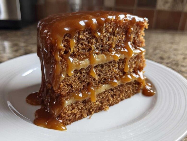 Close-up of a moist slice of 3 layer caramel cake dripping with thick, glossy caramel sauce.