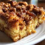 Close-up of a moist slice of baked french toast topped with a gooey, crunchy cinnamon-sugar streusel.