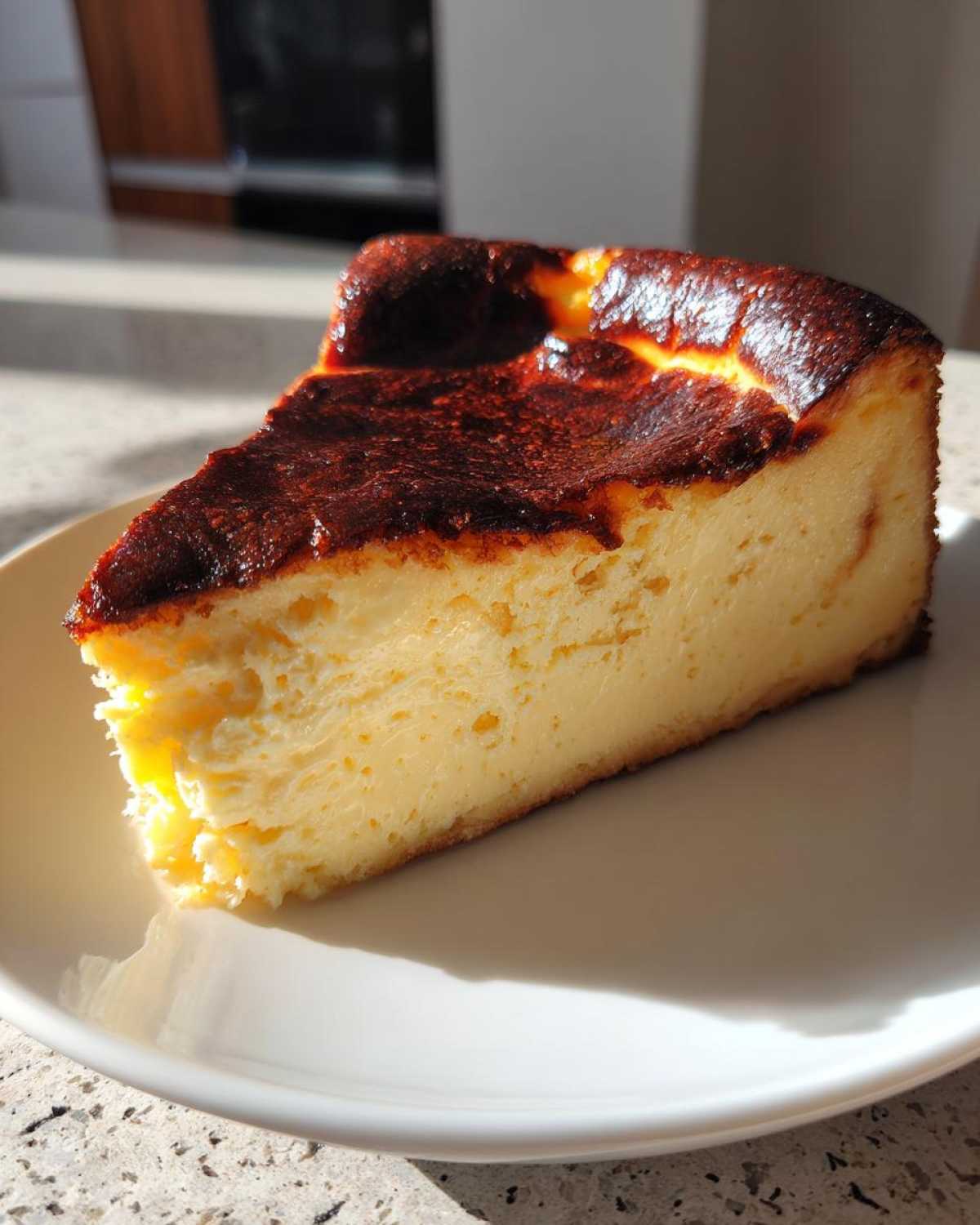 A perfect slice of creamy basque burnt cheesecake showing its signature dark, caramelized top.