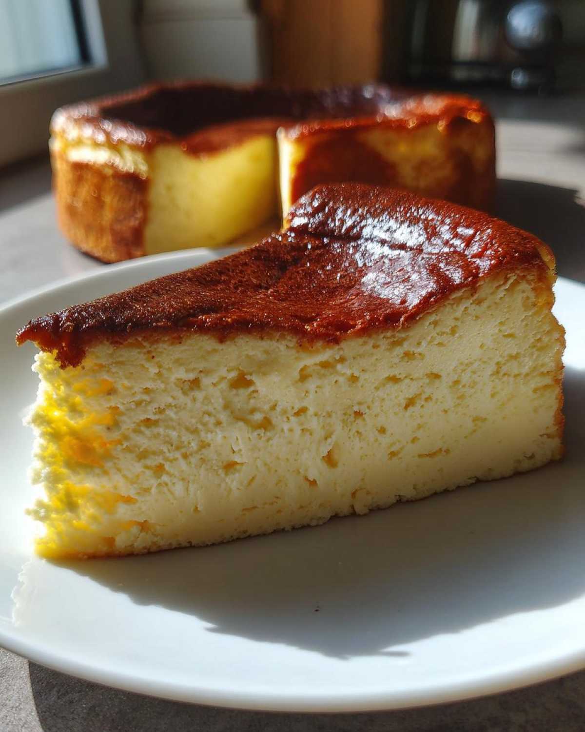 A thick slice of creamy basque burnt cheesecake with a deeply caramelized top, served on a white plate.