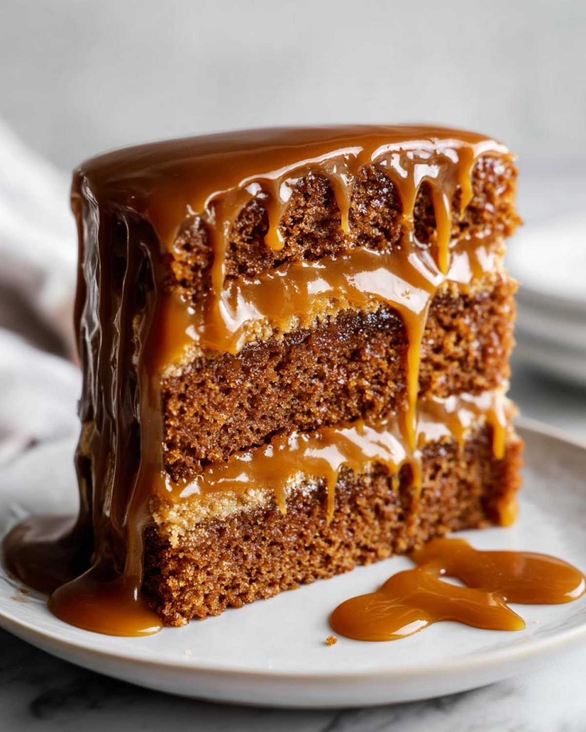 Close-up of a moist slice of three-layer caramel cake generously covered in dripping caramel sauce.