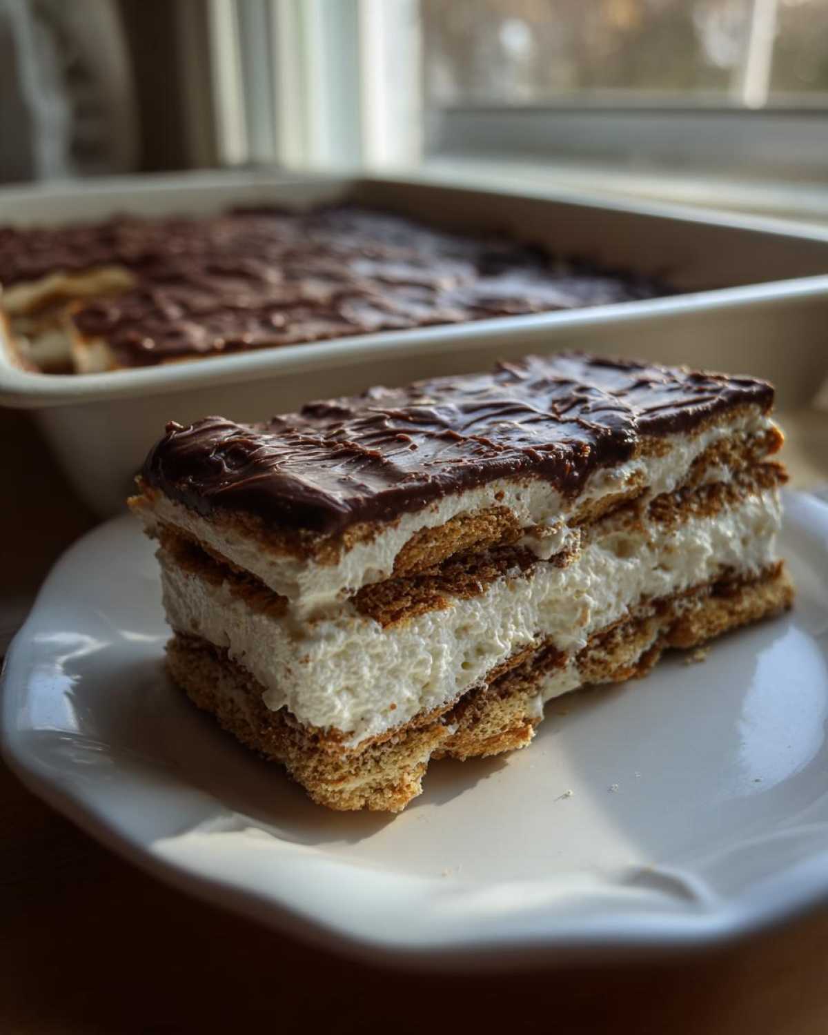 A thick slice of chocolate eclair cake showing layers of graham crackers, creamy filling, and chocolate topping on a white plate.