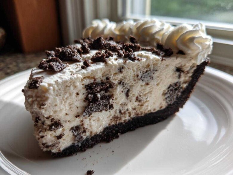 A close-up of a delicious slice of cookies and cream ice cream pie with chocolate crust and whipped cream.