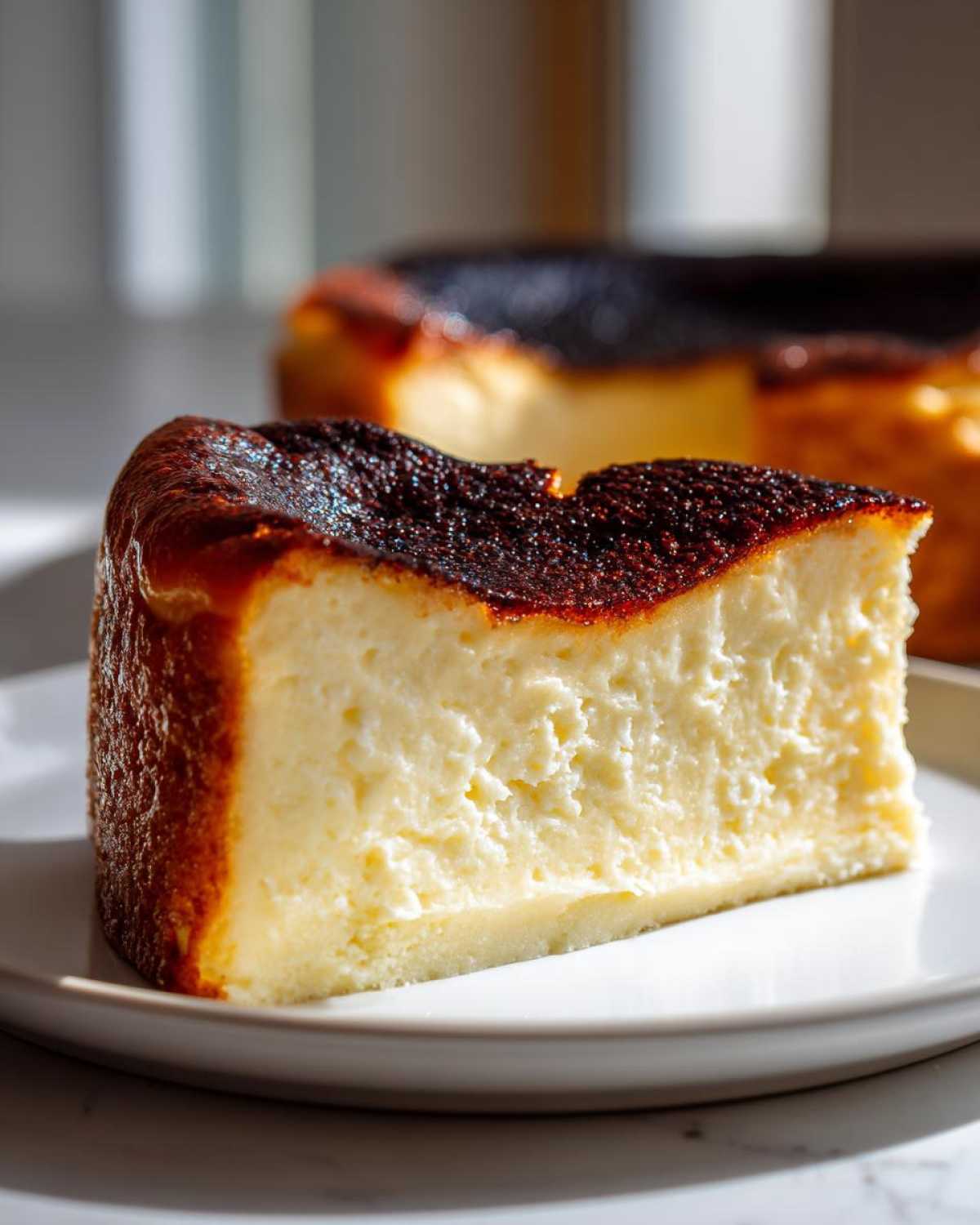 A perfect slice of creamy basque burnt cheesecake with a dark caramelized top, served on a white plate.