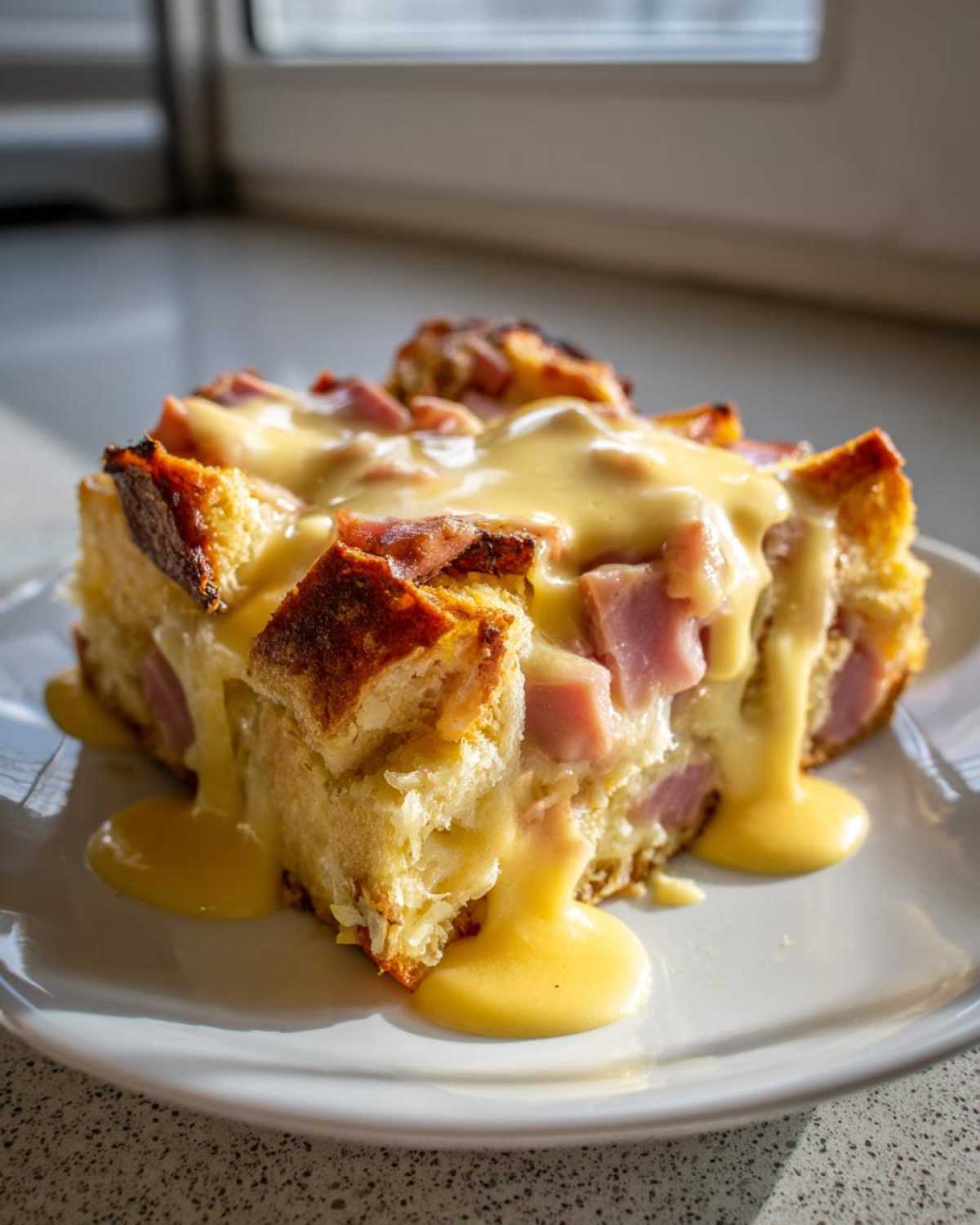 A square slice of baked eggs benedict casserole topped generously with dripping hollandaise sauce.