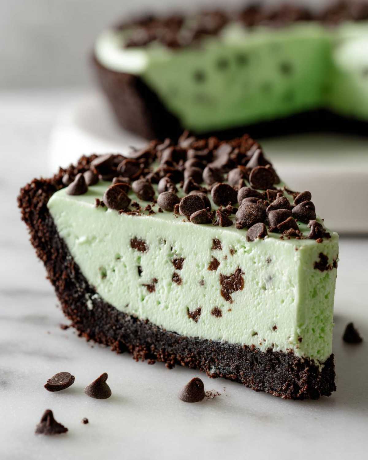 A close-up slice of bright green grasshopper pie with a dark chocolate crust, topped with mini chocolate chips.