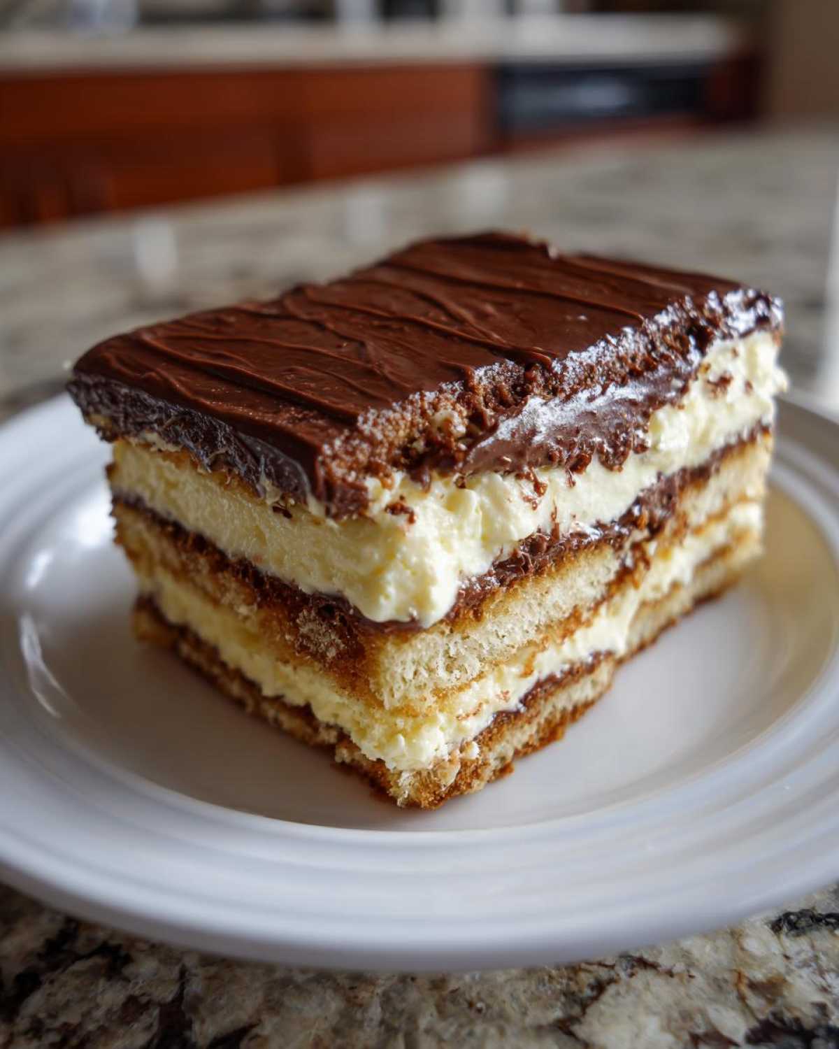 A tempting slice of layered eclair cake featuring cream filling, cake layers, and a rich chocolate ganache top.