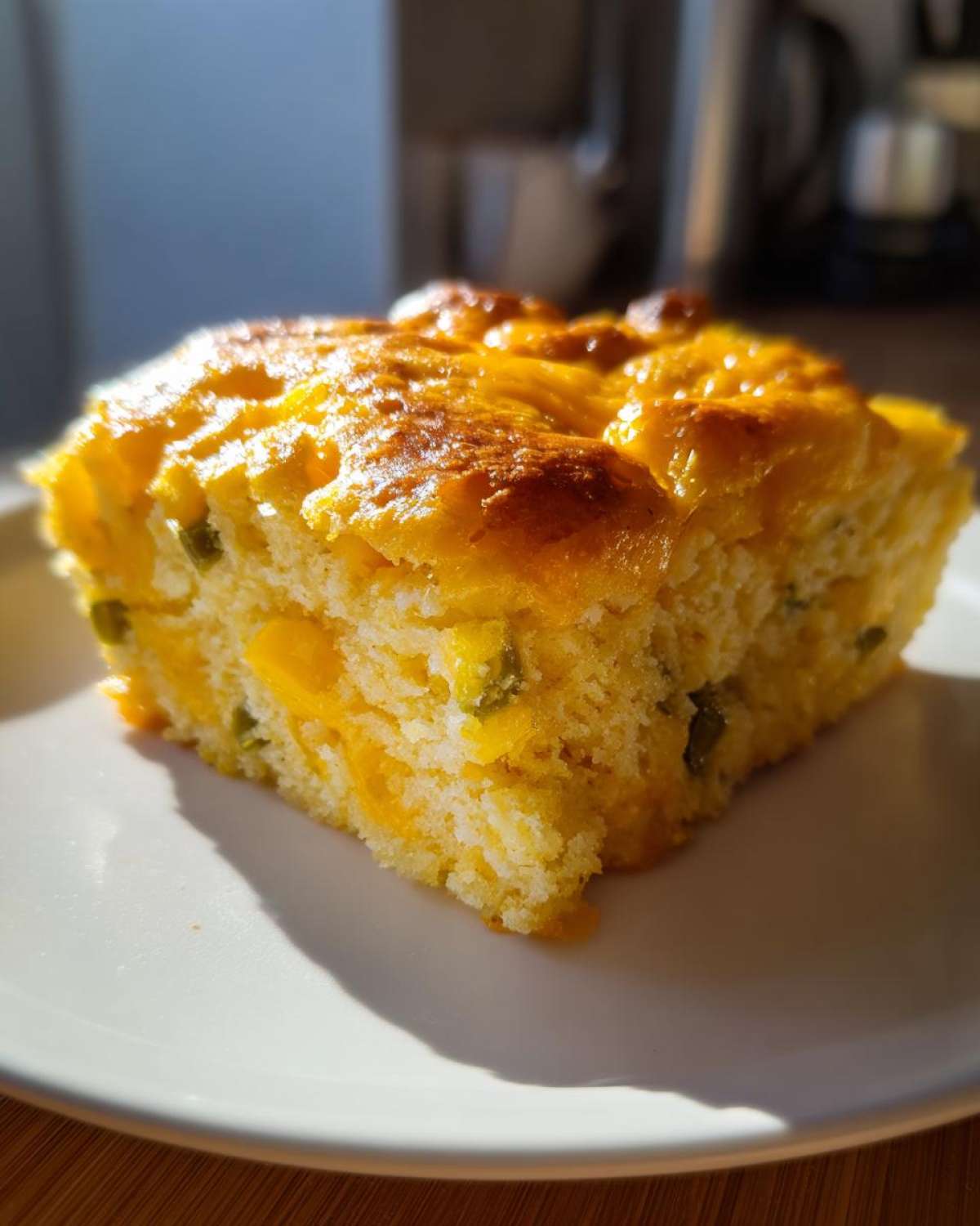 A close-up, sunlit square slice of moist mexican cornbread topped with melted cheese and green peppers.