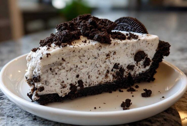 Close-up of a creamy slice of oreo pie with a dark chocolate crust and crumbled topping.