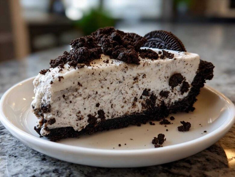 Close-up of a creamy slice of oreo pie with a dark chocolate crust and crumbled topping.