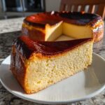 A close-up slice of creamy basque burnt cheesecake with a deeply caramelized top, sitting on a white plate.
