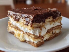 A close-up of a layered slice of eclair cake featuring graham crackers, white cream filling, and rich chocolate frosting.
