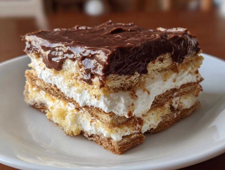 A close-up of a layered slice of eclair cake featuring graham crackers, white cream filling, and rich chocolate frosting.