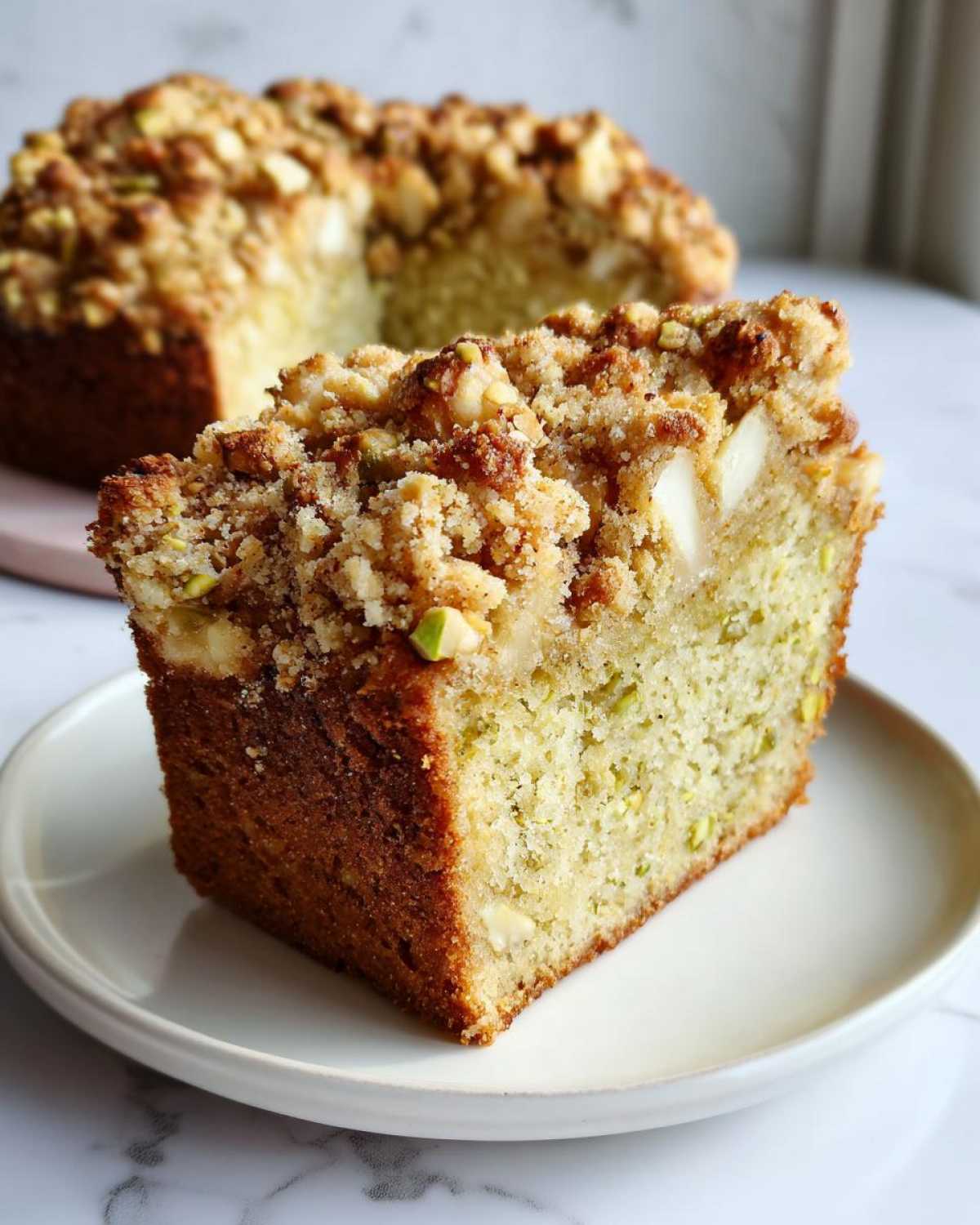 A close-up slice of moist pistachio coffee cake topped with a thick, crunchy streusel topping.