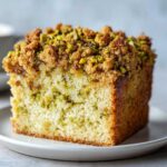 Close-up of a moist slice of pistachio coffee cake featuring a green pistachio swirl and a thick, crunchy streusel topping.