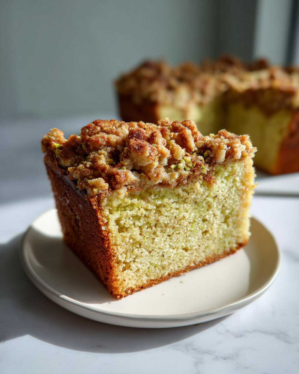A close-up slice of moist pistachio coffee cake featuring a thick, crunchy cinnamon streusel topping.