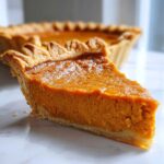A close-up shot of a thick slice of sweet potato pie showing the rich orange filling and crimped crust edge.