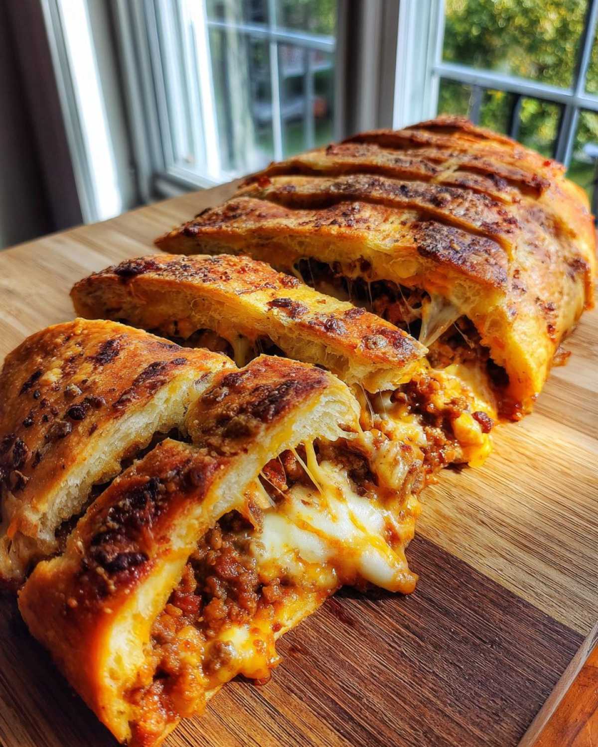 A close-up of sliced garbage bread revealing a rich, meaty filling and melted, stringy cheese.