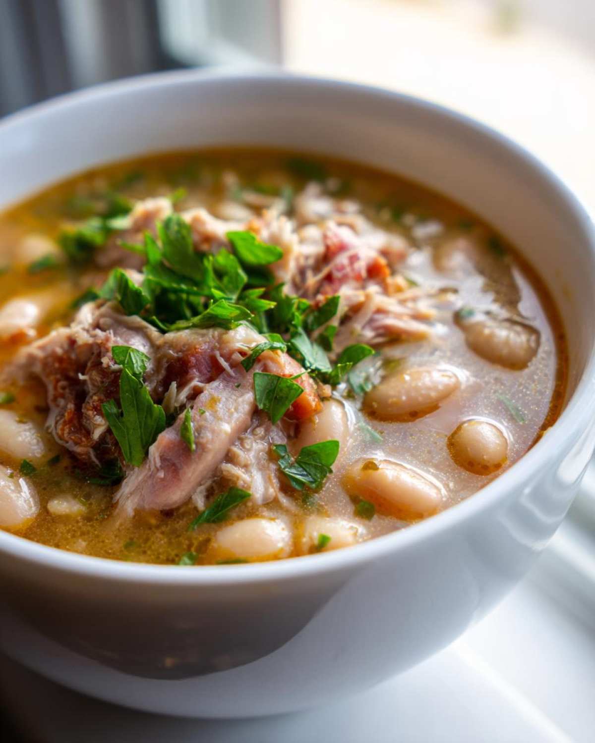 Close-up of a white bowl filled with rich bean soup, featuring white beans, shredded meat, and fresh parsley garnish.