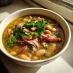 Close-up of a white bowl filled with rich, savory bean soup featuring white beans, shredded ham, and fresh parsley garnish.