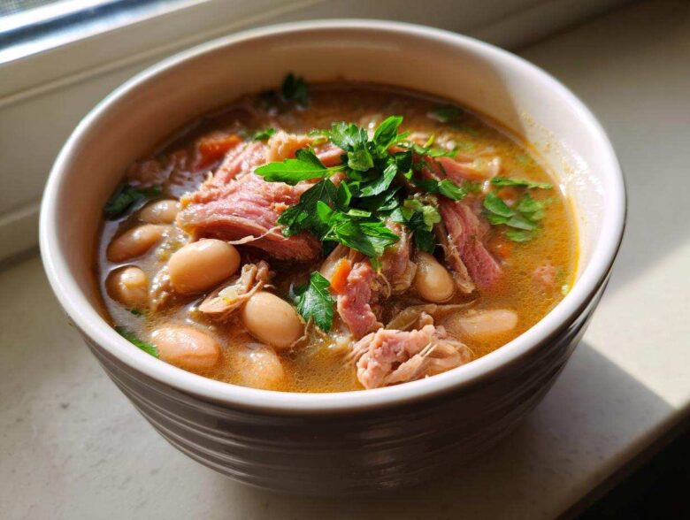 A close-up of a bowl of rich bean soup topped with shredded ham and fresh parsley.