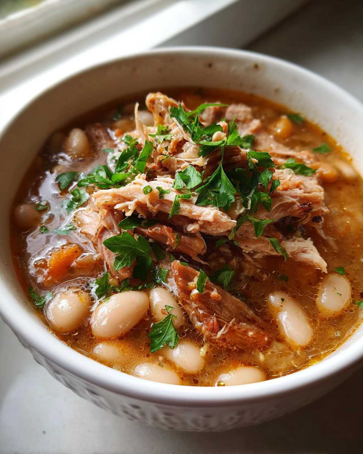 A close-up of a bowl of rich bean soup featuring white beans, shredded meat, and fresh parsley garnish.