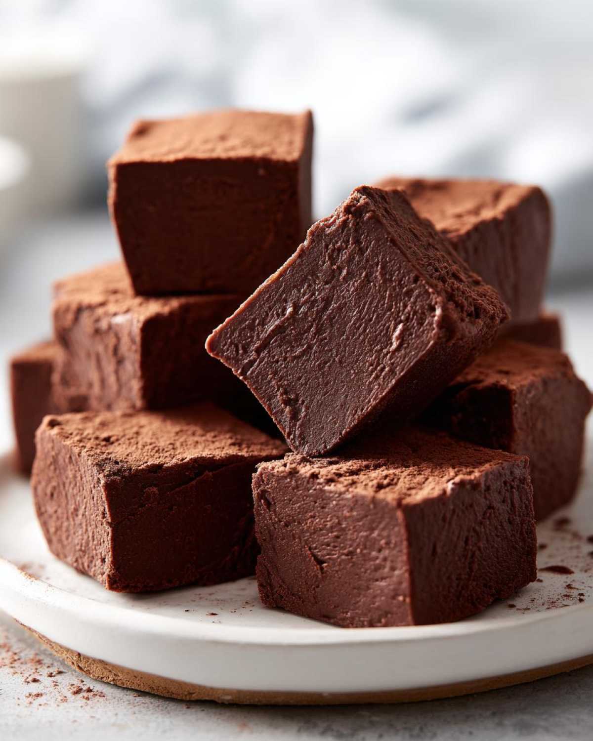 A stack of rich, dark chocolate fudge cubes dusted with cocoa powder, showing off a smooth texture.