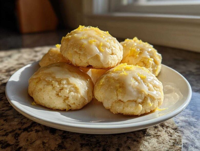A stack of soft italian ricotta cookies topped with a white lemon glaze and bright yellow zest.