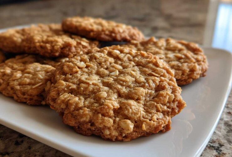 Close-up of several soft oatmeal cookies piled on a white rectangular plate.
